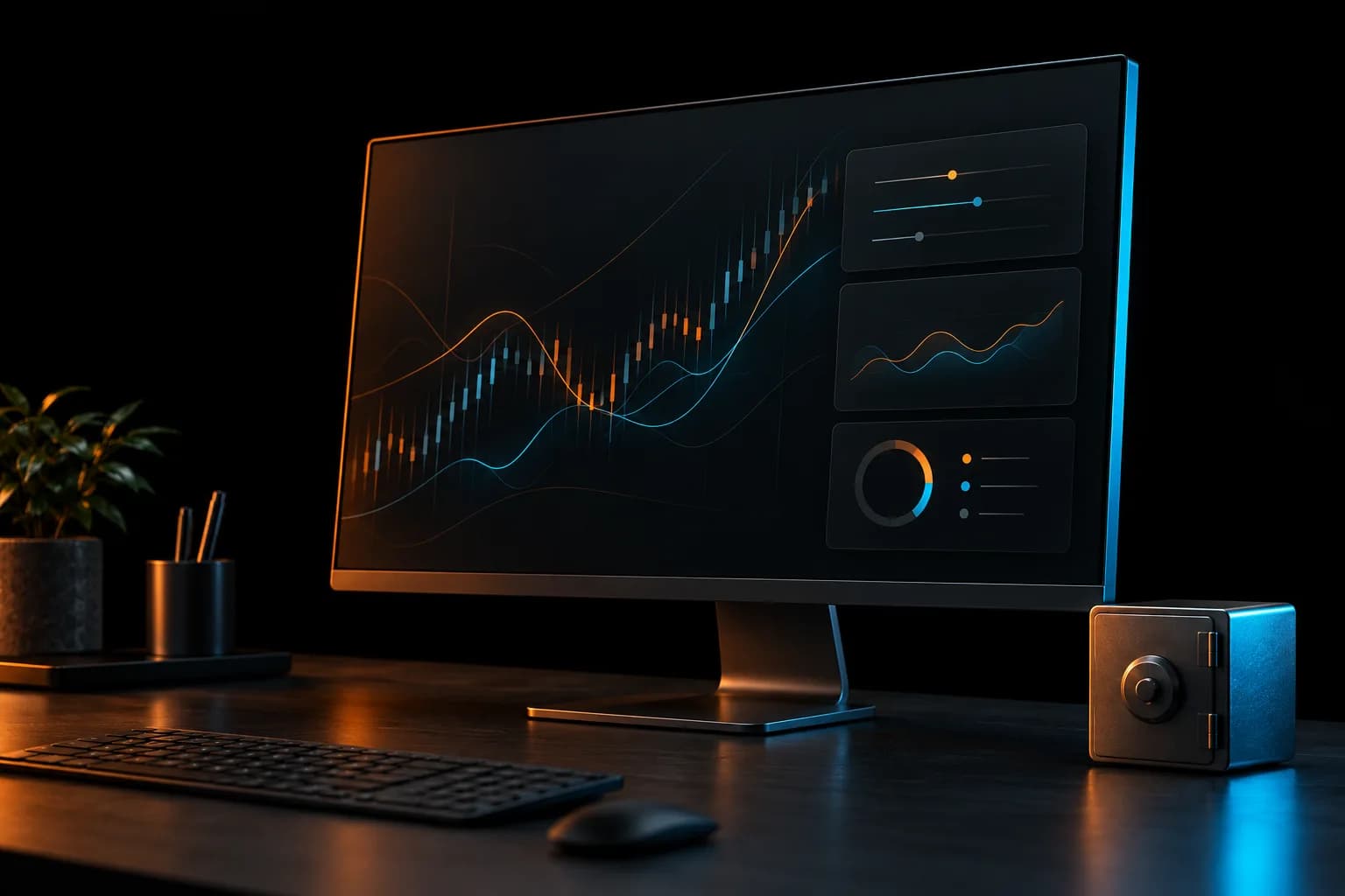 Desktop workstation and a small vault illustrating local strategy management and protected credentials